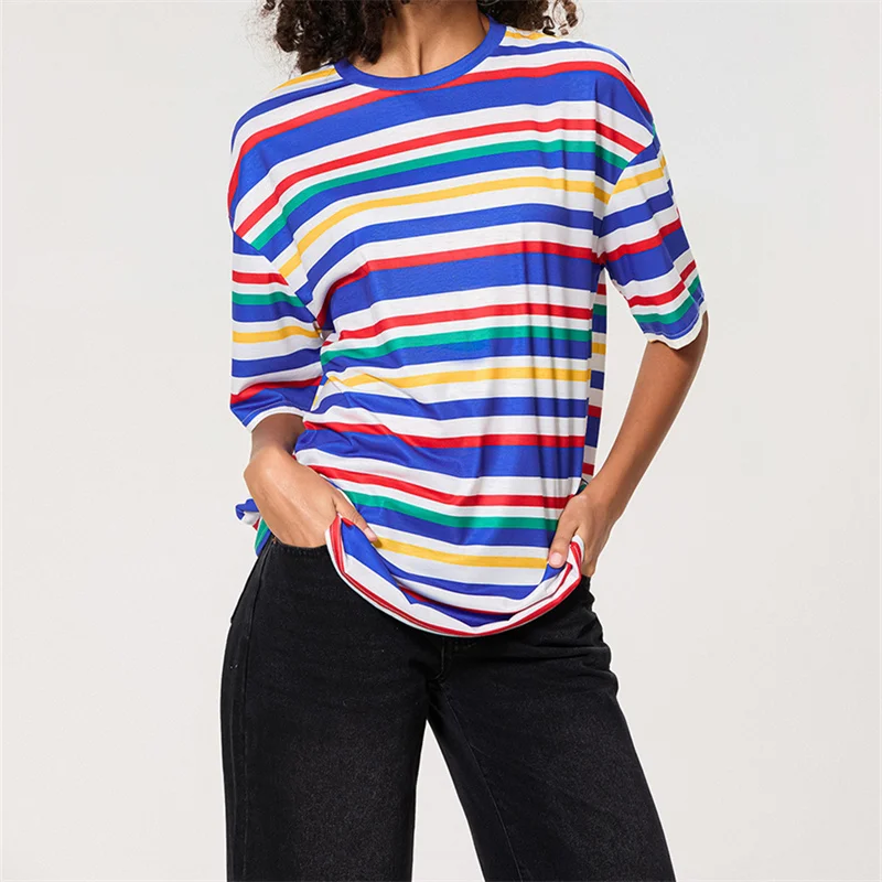 Oversized Striped Boxy Tee Shirts for Women Y2k Short Sleeve Color Block Drop Shoulder Tshirt Preppy Tops Teen Girl Aesthetic