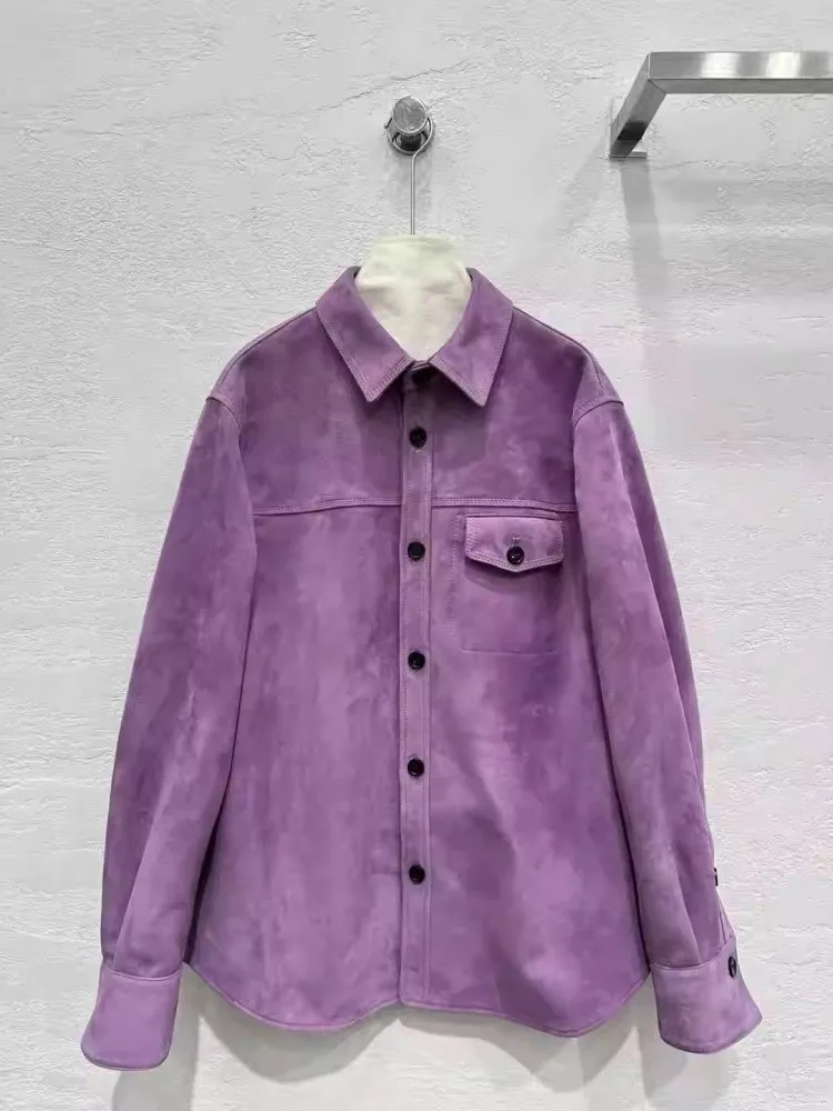 Giacca camicia casual in vera pelle vestibilità ampia da donna monopetto primavera autunno manica lunga pelle scamosciata di pecora cappotto di media lunghezza