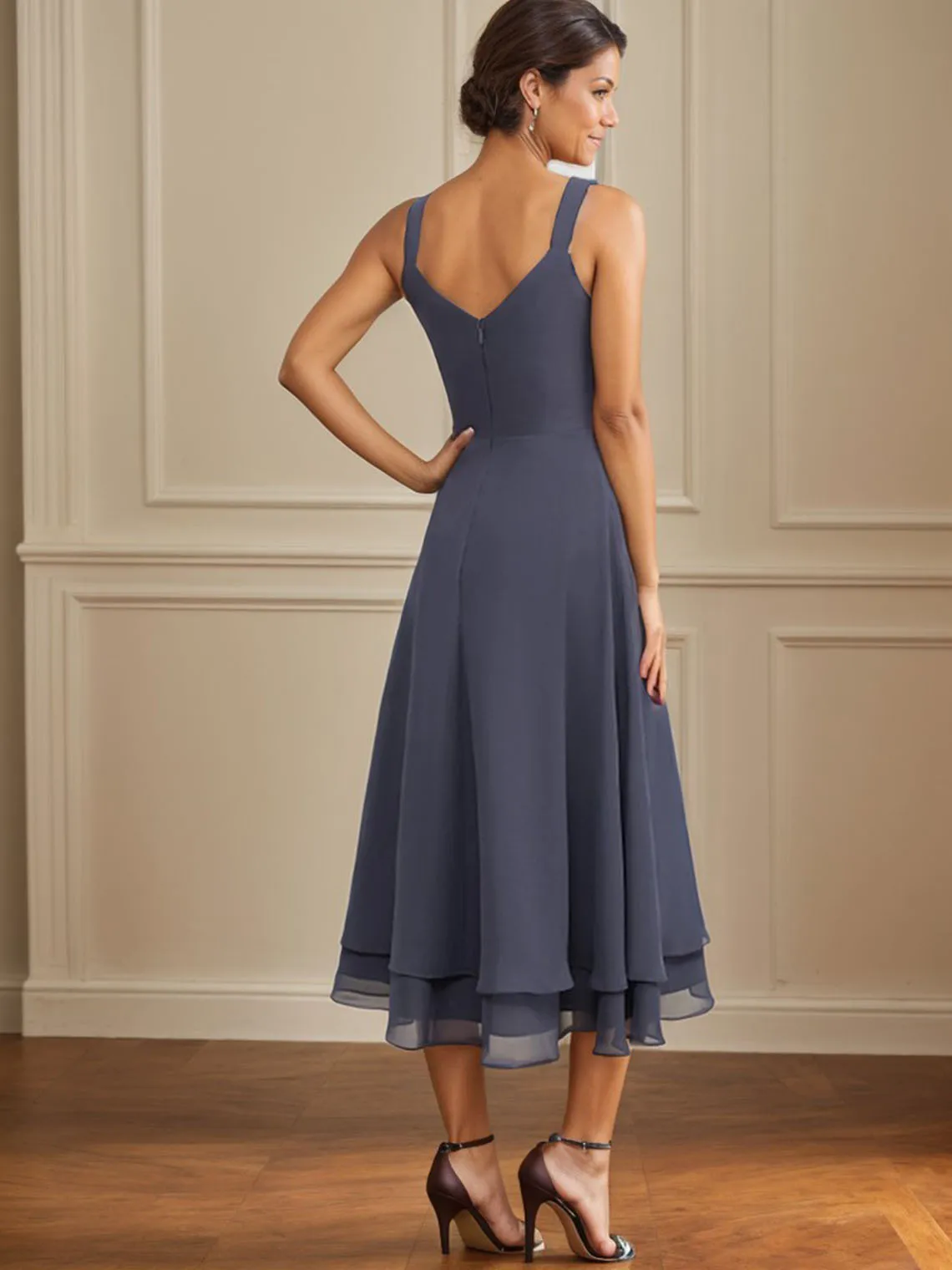 Moda a linha mãe da noiva vestido chiffon renda decote em v manga 3/4 chá-comprimento em camadas vestido de noite 2025 personalizado gratuito