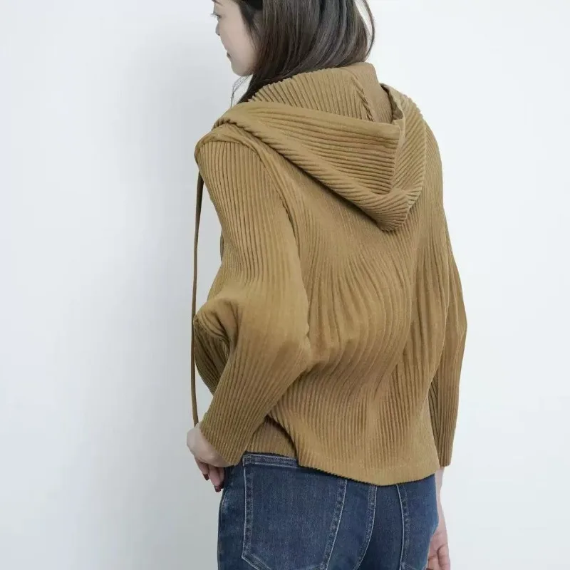 

Miyake 2025 Winter New Hooded Pleated Buttons Jacket Temperament Thin Loose Cardigan Tweed Tops Women Plus size Warm Clothing
