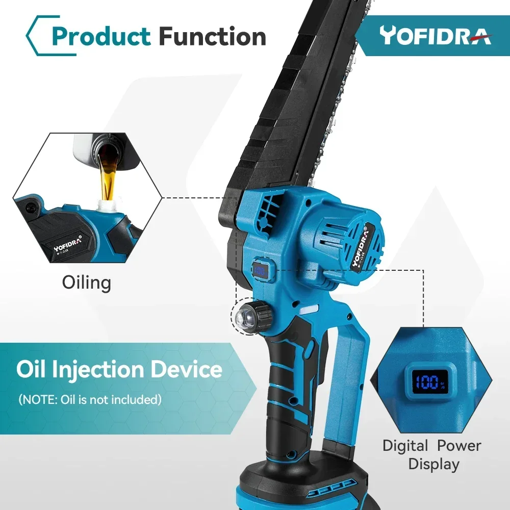 YOFIDRA Brushless 8inch Electric Chainsaw Cordless Rechargeable Pruning Saw Woodworking Garden Power Tool For Makita 18V Battery