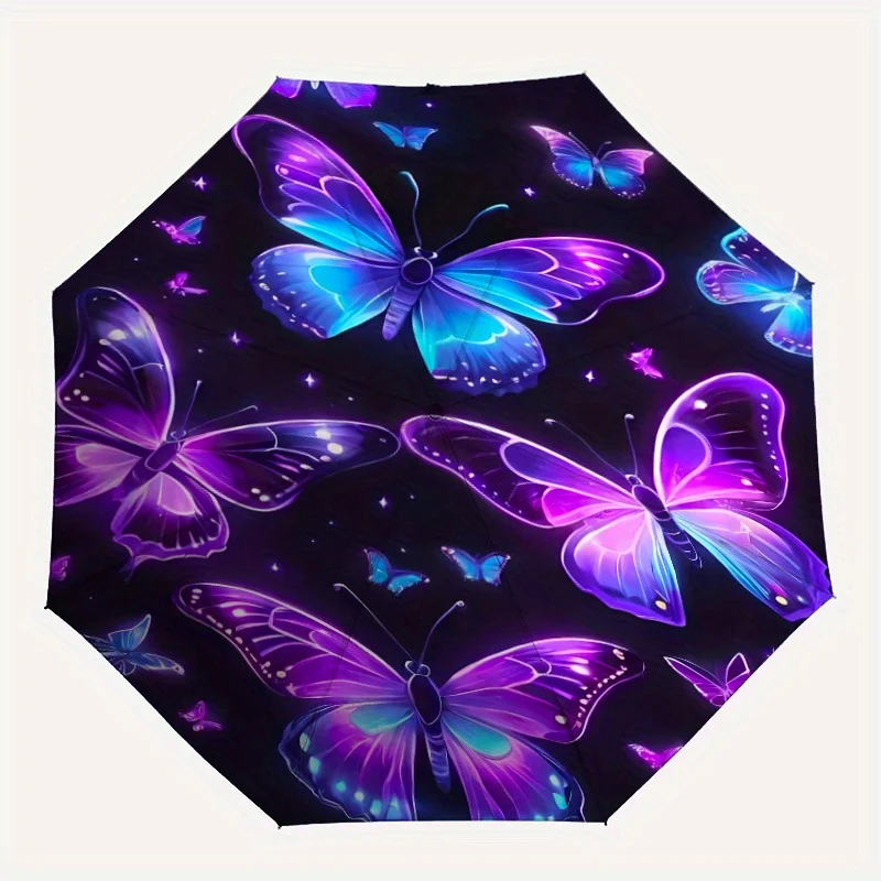 Ein Regenschirm mit lila Schmetterlingen, leuchtender Fantasy-Kunst-Digitalillustration, lebendigen Farben und Themenmotiv, mit automatischem Faltsystem