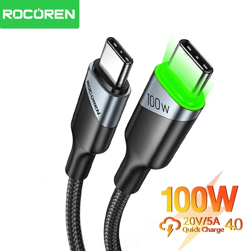 

Rocoren 100W USB C To Type C Cable PD Fast Charging Charger For Macbook iPad Samsung Xiaomi 5A Date Cord E-Marker Chip Light