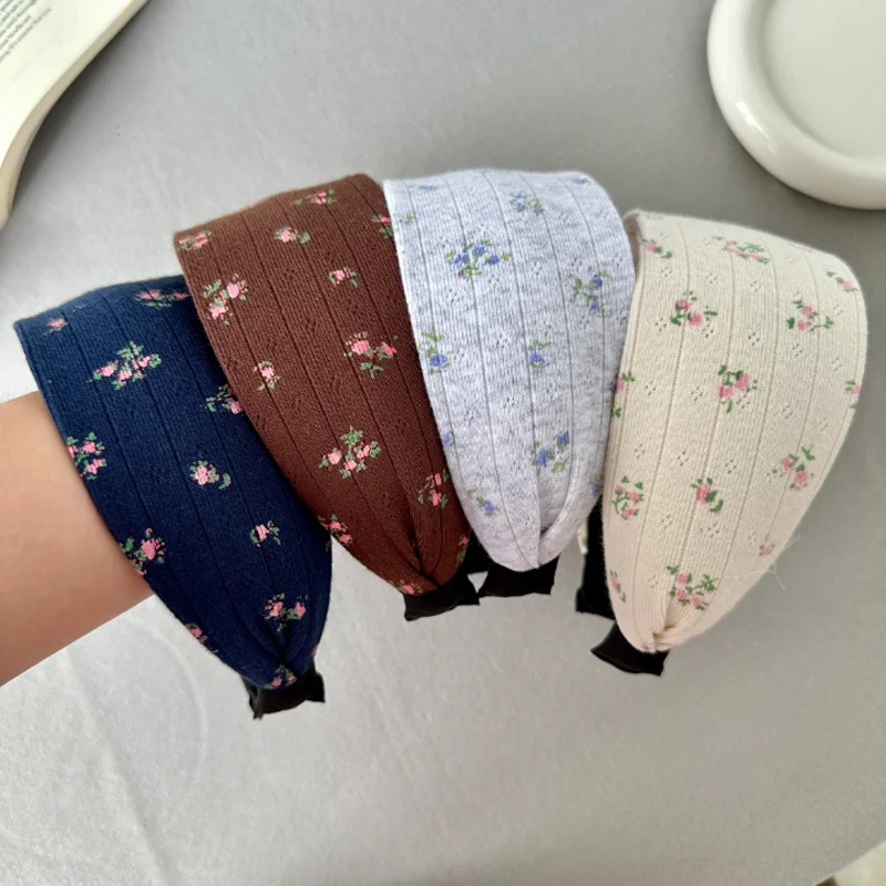 Vintage Floral Print Headband for Women Wide Edge Fabric Hairbands High Cranial Top Hair Band Daily Hair Accessory