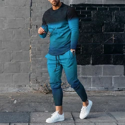 Fashion Gradient 3D Print Men's Sportswear Set Casual Long-Sleeved T Shirt Pants 2-Piece Set Oversized Pullover Men Clothing