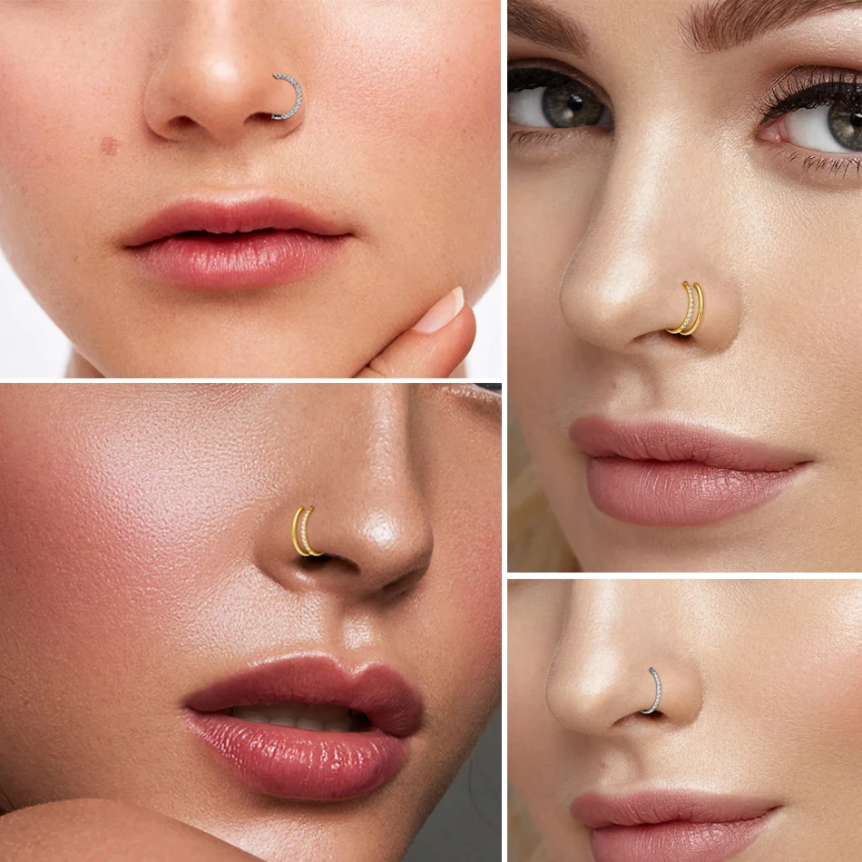 1PCS Titanium Piercings Nose Ring D Shape Segment Ring Clicker Jewelry CZ Nose Earring Lip for Women Half Ring Cartilage Jewelry