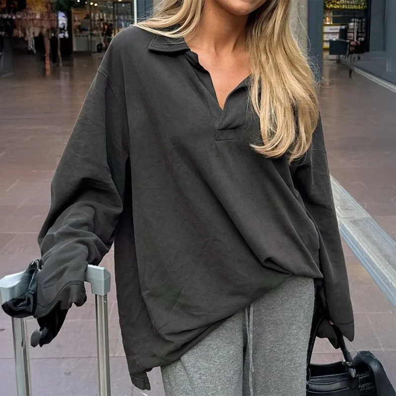 여성용 가을 겨울 캐주얼 라펠 리조트 스타일 루즈 긴팔 여성 스웨터