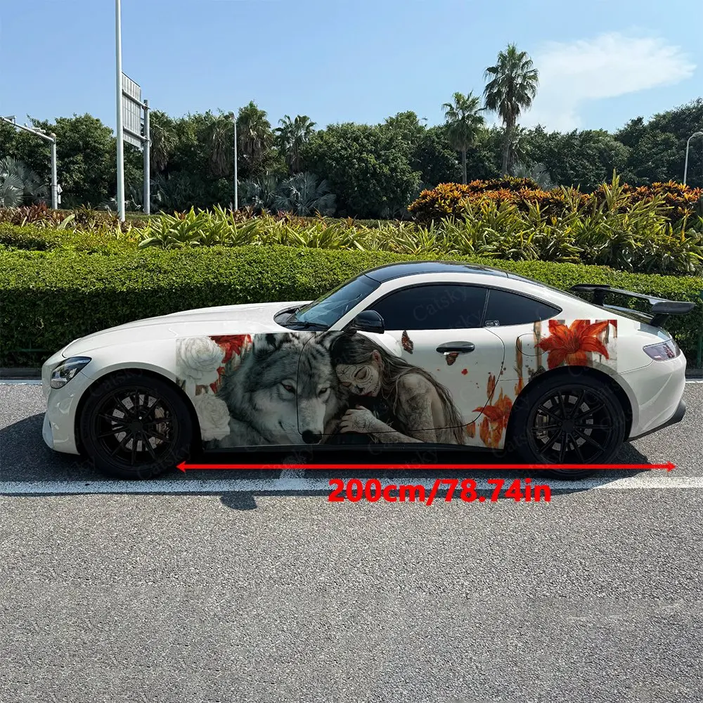 2pcs.Wolf & Girl Symbiosis Calming Car Side Wraps, Self-Adhesive PVC Waterproof & Scratch-Resistant Stickers, Car Accessory Gift