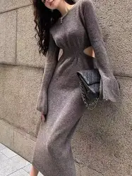 Winter High Waist Sweater Maxi Dresses For Women Gray Knitted Slim Long Dress Vintage Woman Retro Elegant Dress