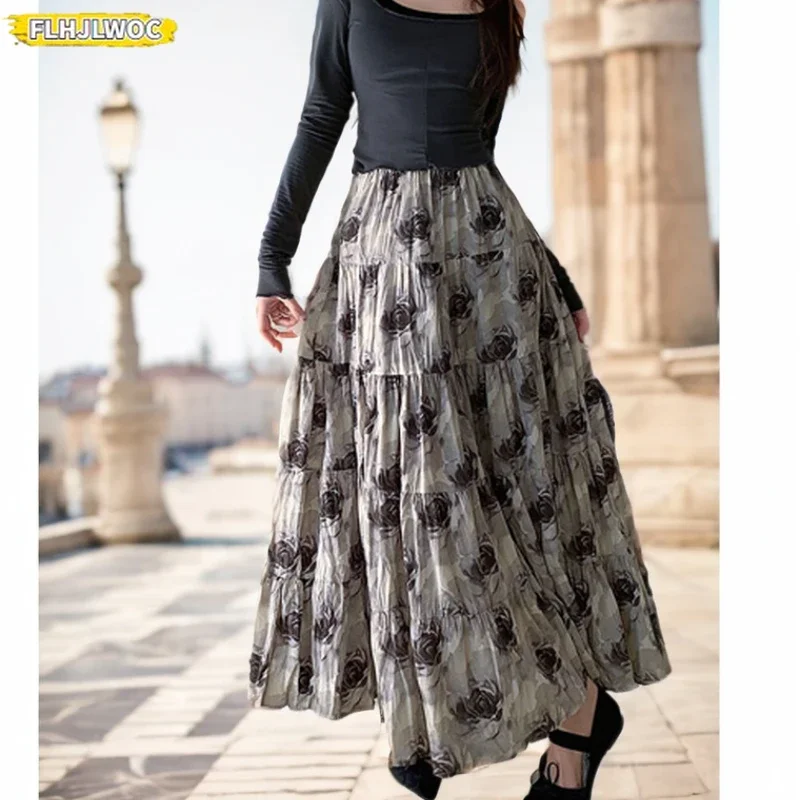 Autumn Winter Layer Skirts Hot Sales Women All-Match Cute Japan Chic Korea FLHJLWOC Elastic High Waist Black Long Maxi Skirts