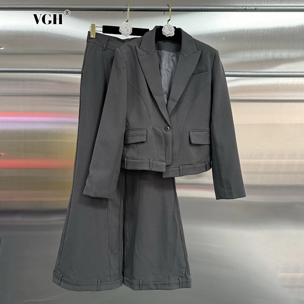 VGH Temperament Two Piece Sets For Women Notched Collar Long Sleeve Blazer High Waist Wide Leg Pants Slim Solid Set Female New