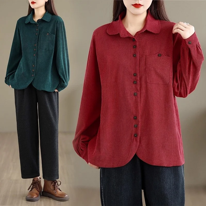 Corduroy Shirt Jacket For Women 2025 Simple Lapel Single Breasted Casual Loose Versatile Design Trendy Top w787 4