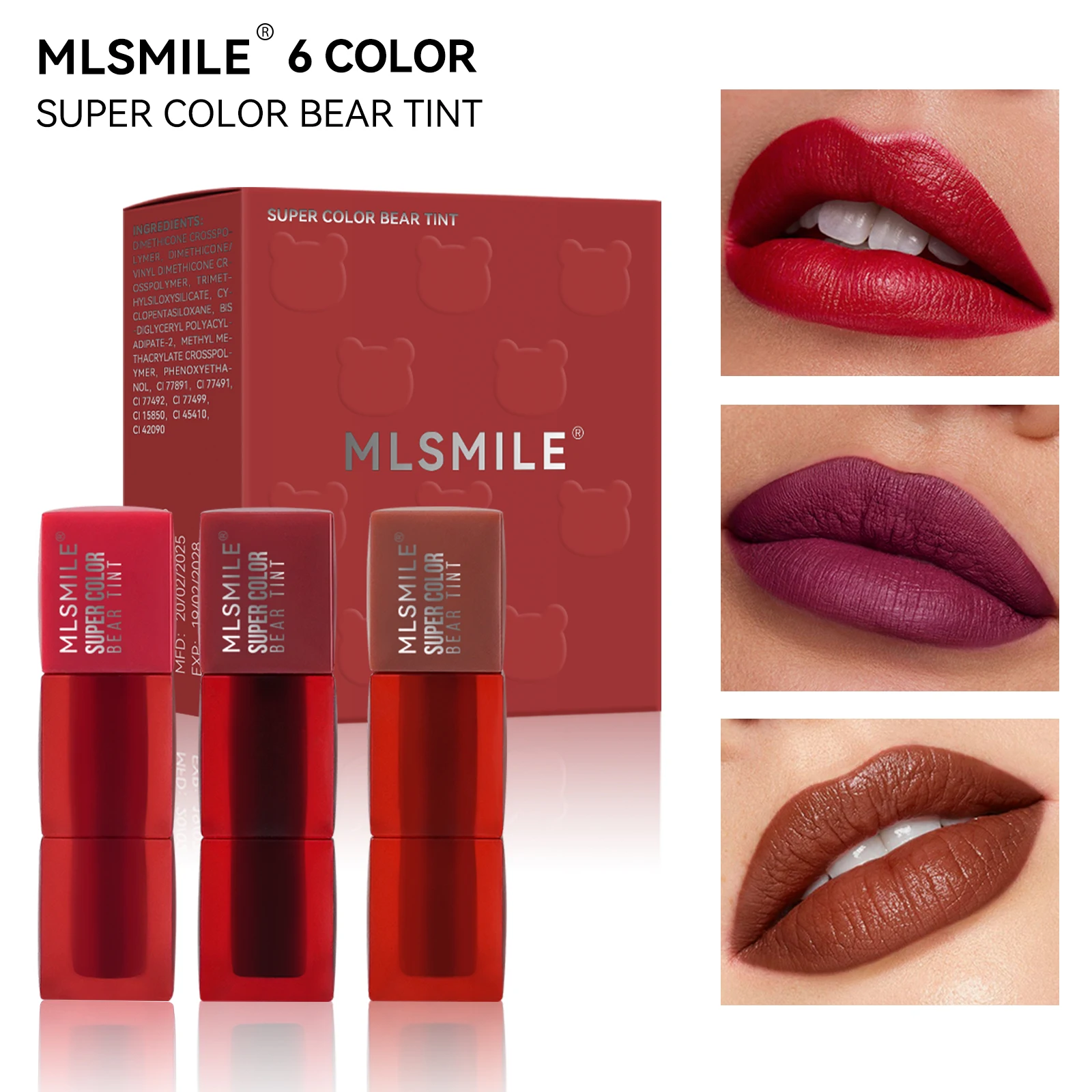 MLSMILE 3 Matte Velvet Teddy Lip Gloss de longa duração, não pegajoso, cor de longa duração Brilho labial leve e não pegajoso