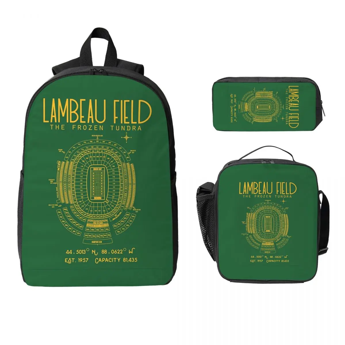 Green Bay Packers Lambeau Field Stadium Backpack BookBag School Bag Laptop Shoulder Bags 3ps Insulated Lunch Bag Pencil Case
