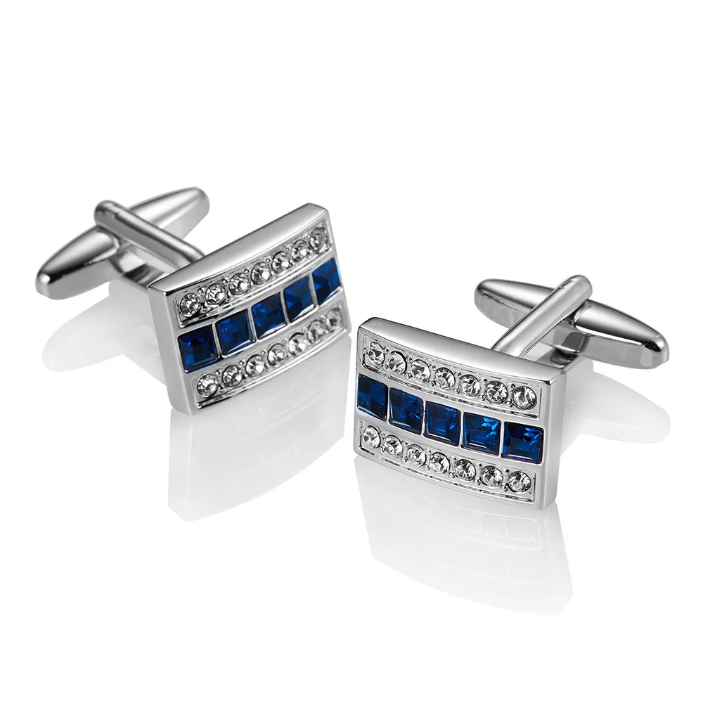 Men's Metal Silver Cufflinks with Blue Rhinestone Formal Business Dress Shirt Cufflinks