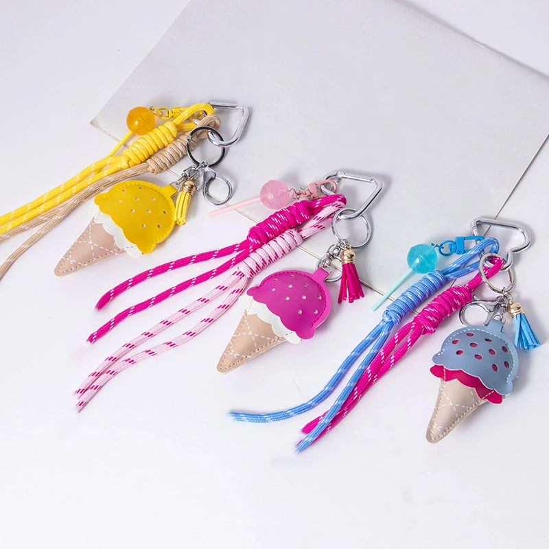 Cute Leather Ice Cream Donut Keychain Creative Fashion Candy Cone Dessert Woven Rope Backpack Hanging Rope Pendant Keyring Gifts