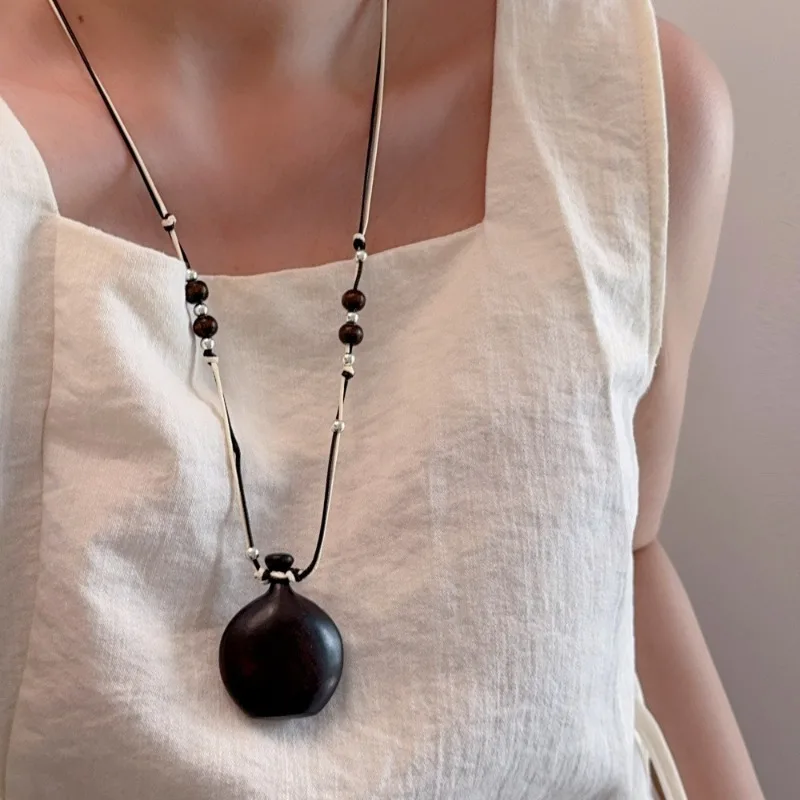 مينار العصرية البني الأسود اللون الخشب الطبيعي الأبنوس الإبريق قلادة القلائد مزدوجة الطبقات ضبط حبل سترة سلسلة للنساء #4