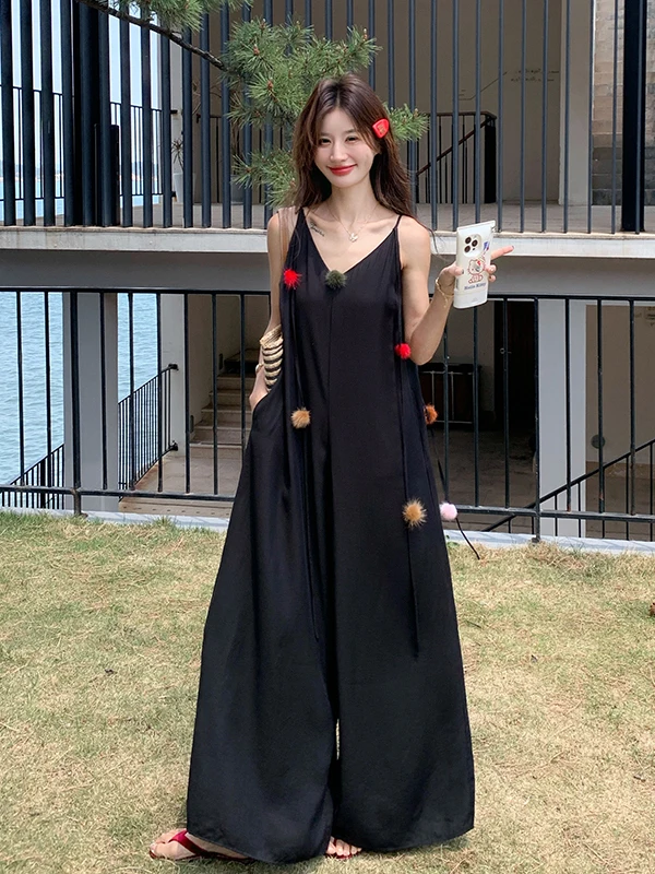 블라 V넥 스트랩 슬림 스트레이트 레그 점프수트 여성용 패셔너블 하이웨이스트 젊어 보이는 여름 신상품