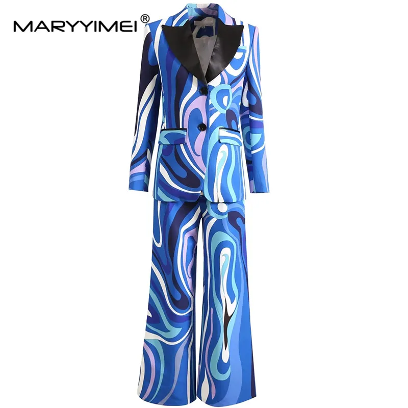 

Модный осенний женский костюм MARYYIMEI, костюм с длинным рукавом, куртка + широкие брюки, элегантный свободный комплект из двух предметов с полосатым принтом