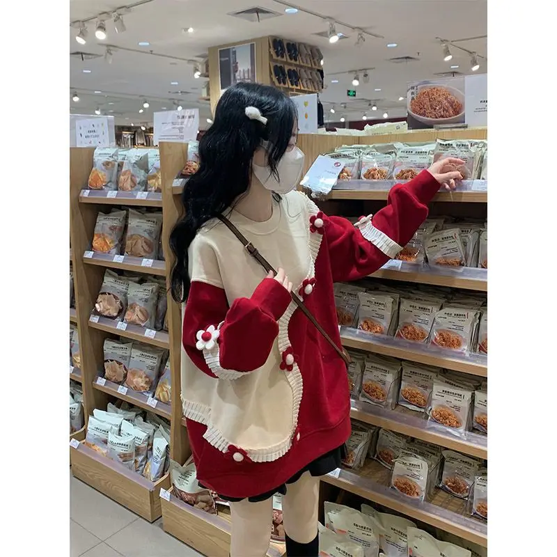 스웨트셔츠 청소년 여성 상의 디스트레스드 슈퍼 라지 캠퍼스 컬러 여름 컬러블록 다크웨어 라운지웨어 인기 있는 핏 O넥