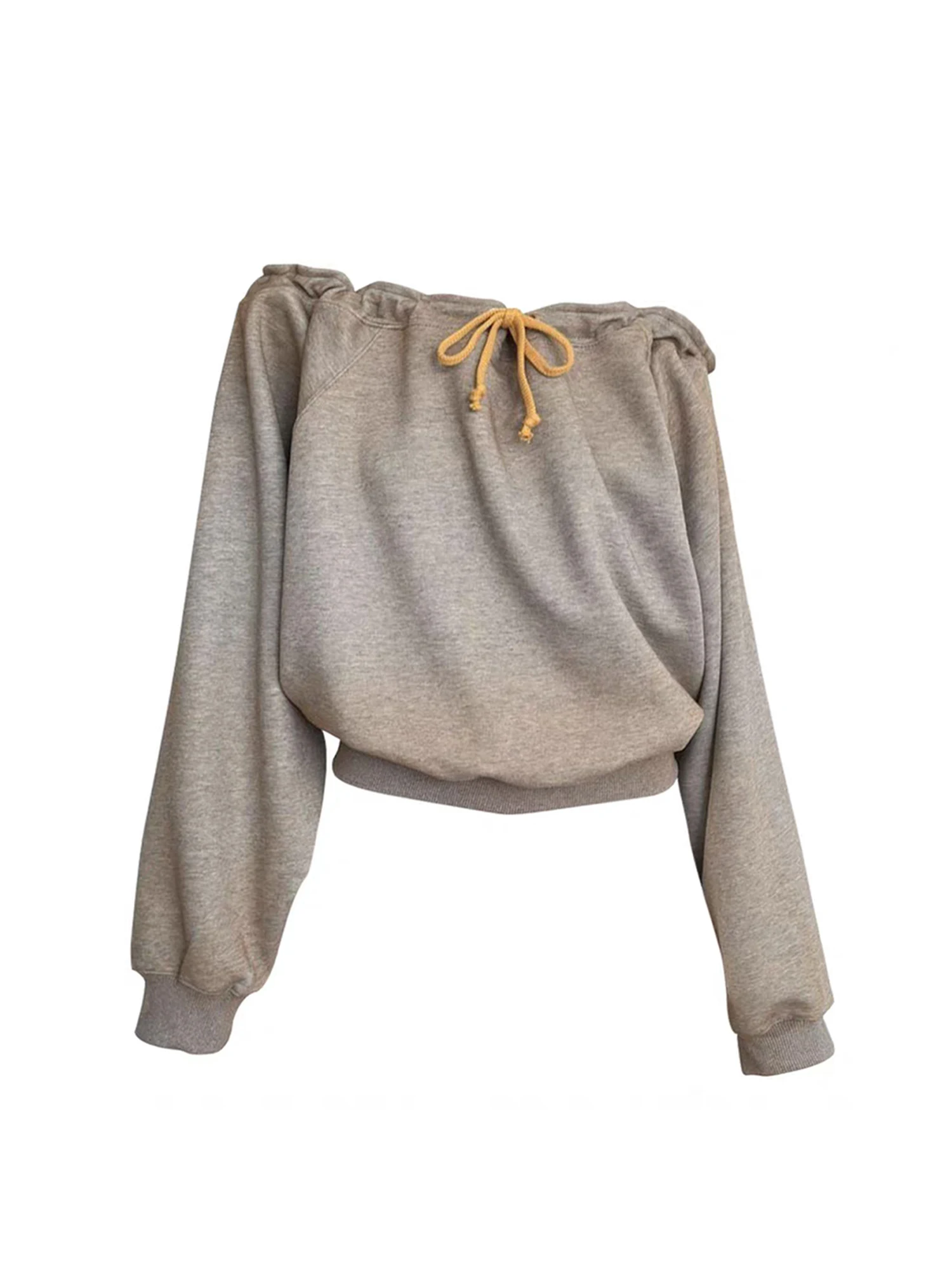 

Женская серая толстовка оверсайз с открытыми плечами, винтажная толстовка Harajuku Y2k 2000-х годов с длинными рукавами и вырезом на шее, пуловер, топ, осень 2025 г.