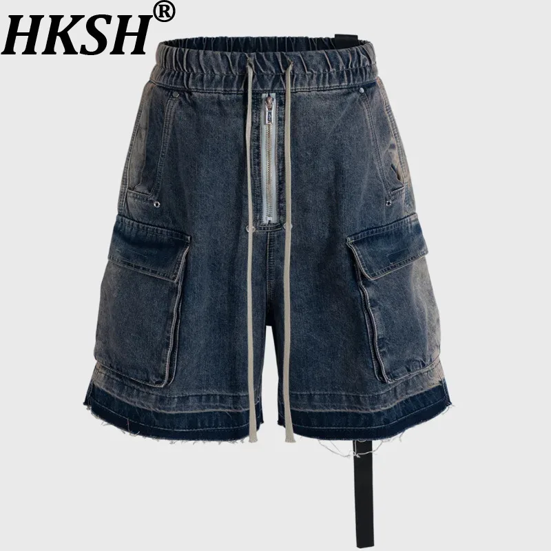 HKSH Men RO Style High Street Patchwork Cat Whiskers Cargo Pants Trend Multi-Pocket Denim Shorts Chic Ins Vinatge Capris HK19311