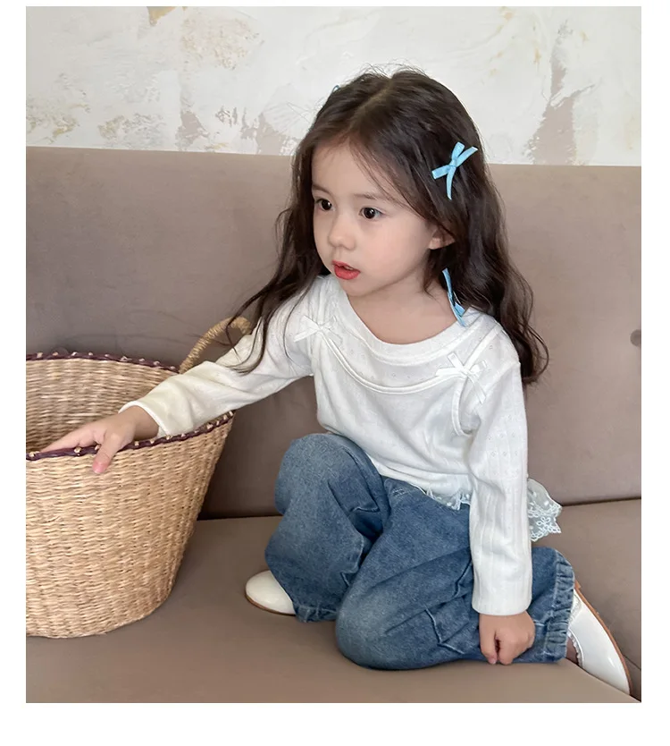 Baby Girls Pants Fashion Lace Loose Straight Jeans 2024 Autumn New Korean Style Childrens Wide Leg Pants