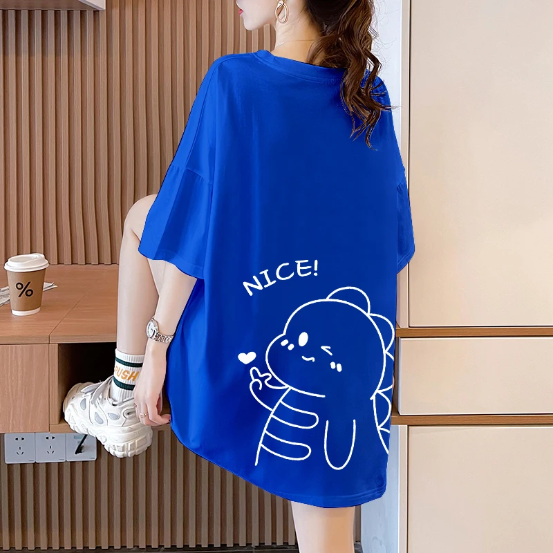 تي شيرت نسائي من القطن الخالص بأكمام قصيرة مقاس كبير صيفي متوسط ​​الطول فضفاض للتخسيس كلاين أزرق عصري ماركة علوية