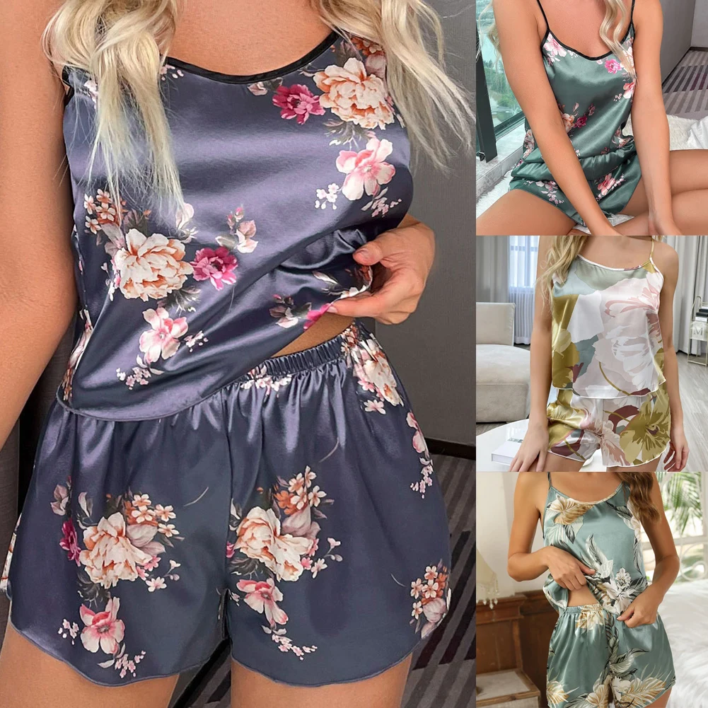 Pijamas macios e confortáveis para mulheres, lingerie sexy causal, shorts pijamas, loungewear estampado floral, pijamas leves