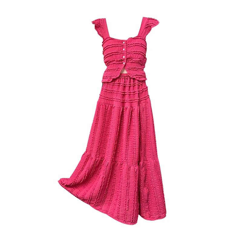 2025 nuevo verano mujeres de un solo pecho Mini camisola + cintura elástica una línea falda larga 2 uds conjunto trajes estilo playa