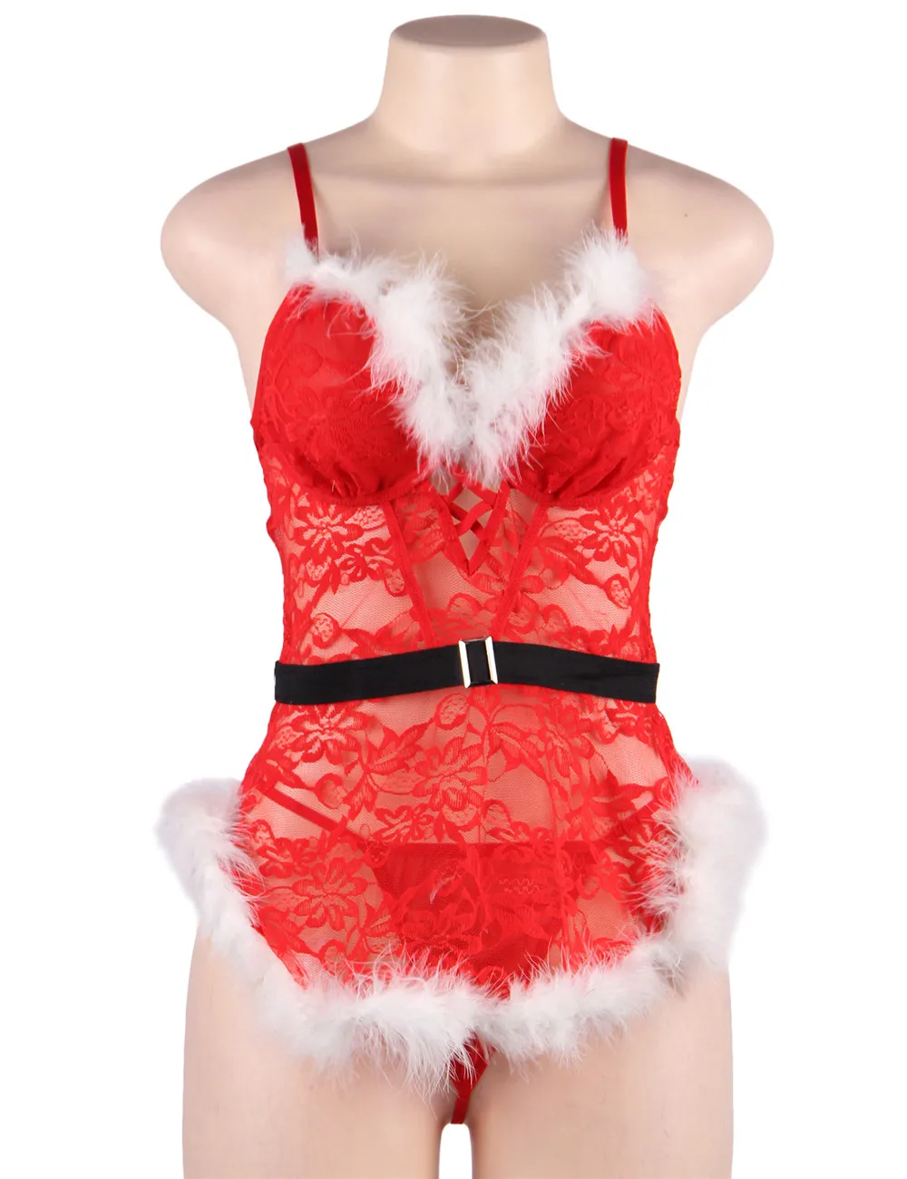 Ohyeahlady Women Sleepwear Christmas Fur Nightgowns Red Lace See Through Mini Dress Babydoll Hollow Out Sheer Mesh Sexy Lingerie