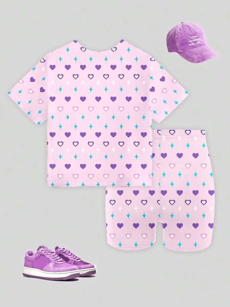 Girls' Light Pink Short-Sleeve Top & Shorts 2-Piece Set – K-Pop Style with All-Over Purple Heart Print