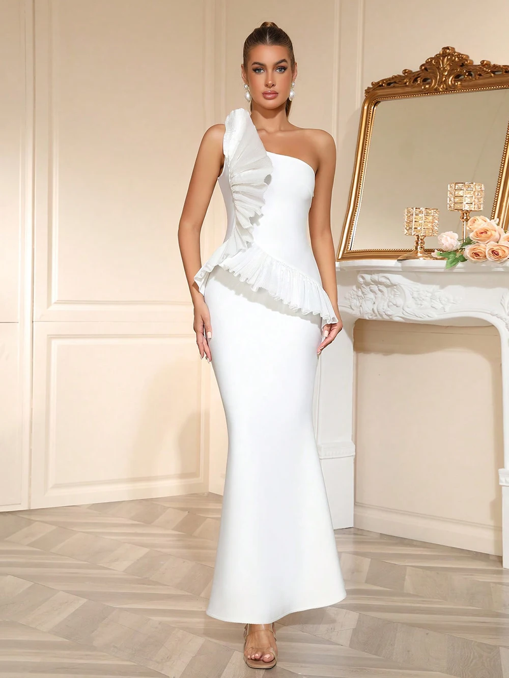 Modphy Abito lungo con fasciatura aderente con volant bianco monospalla sexy 2025 Nuove donne Celebrity Elegante festa di compleanno da sera Club