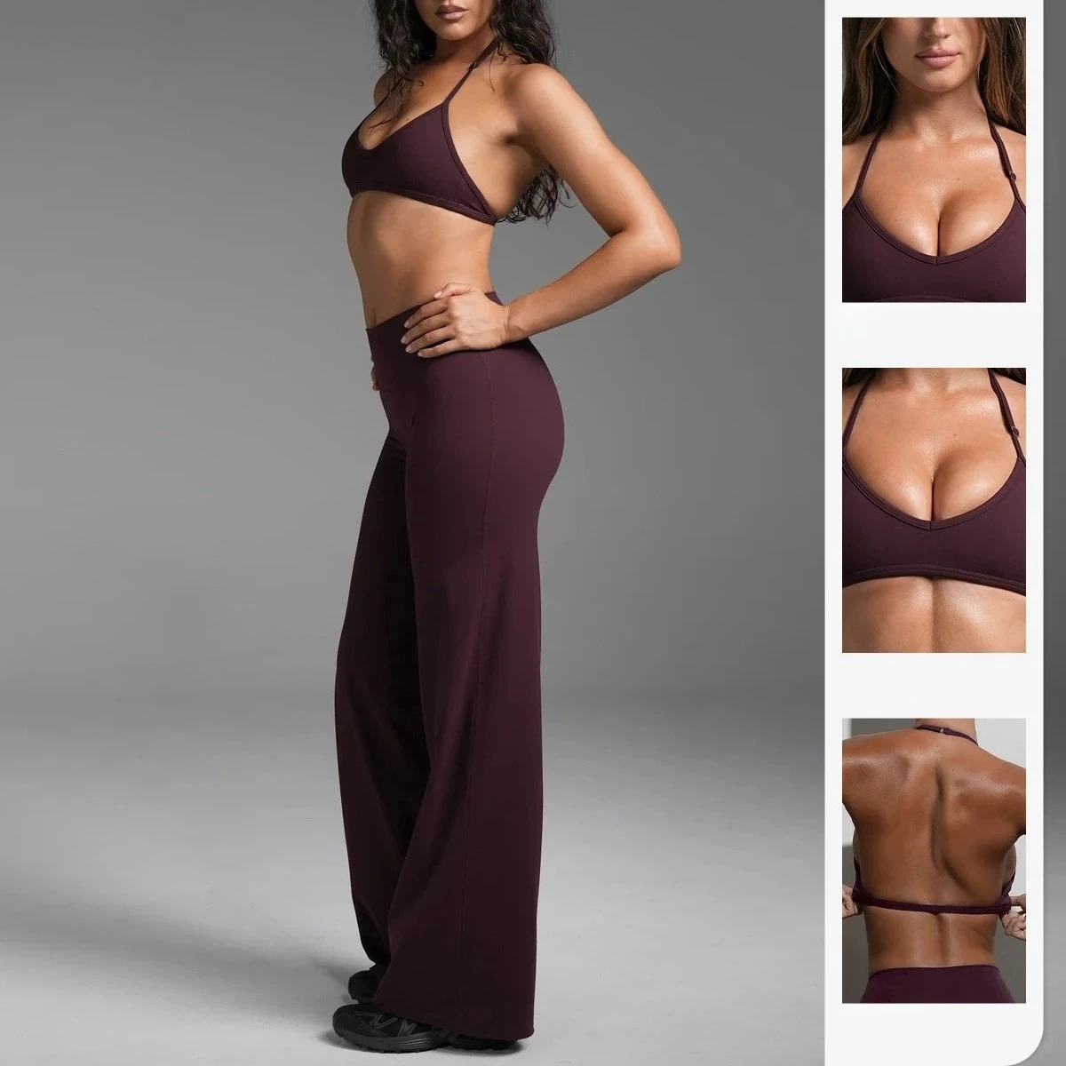C*B Women Halter Padded Sports Bra Deep V Beauty Back Yoga Top High‑Waist Straight‑Leg Yoga Pants Naked Feel Soft Stretch Gym