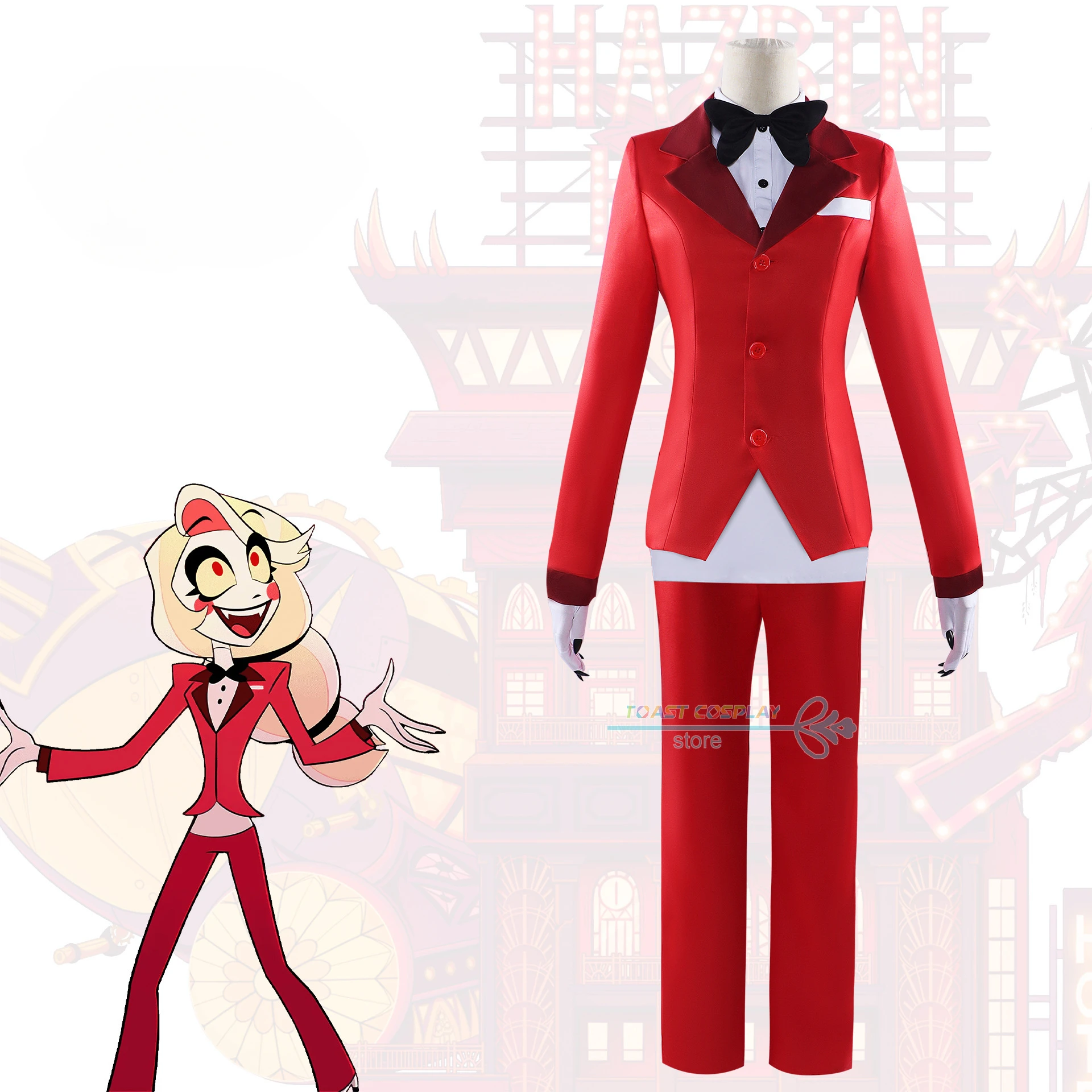 Anime Hazbin Cosplay Hotel Charlie Cosplay Costume Red Uniform Bow Tie Vox Role Play Costume Hat Halloween Carnival Party Outfit