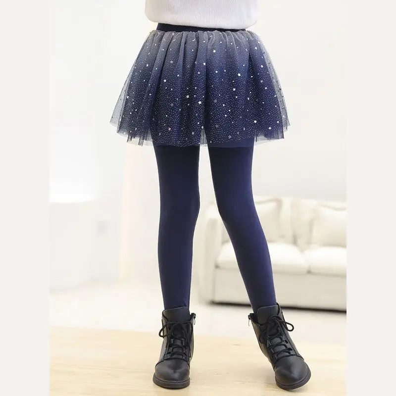 Kid Girls Lace Legging Pants 2024 New Children Autumn Skirt Pants Navy Sequin Legging Dance Clothing Tutu Skirt Pants