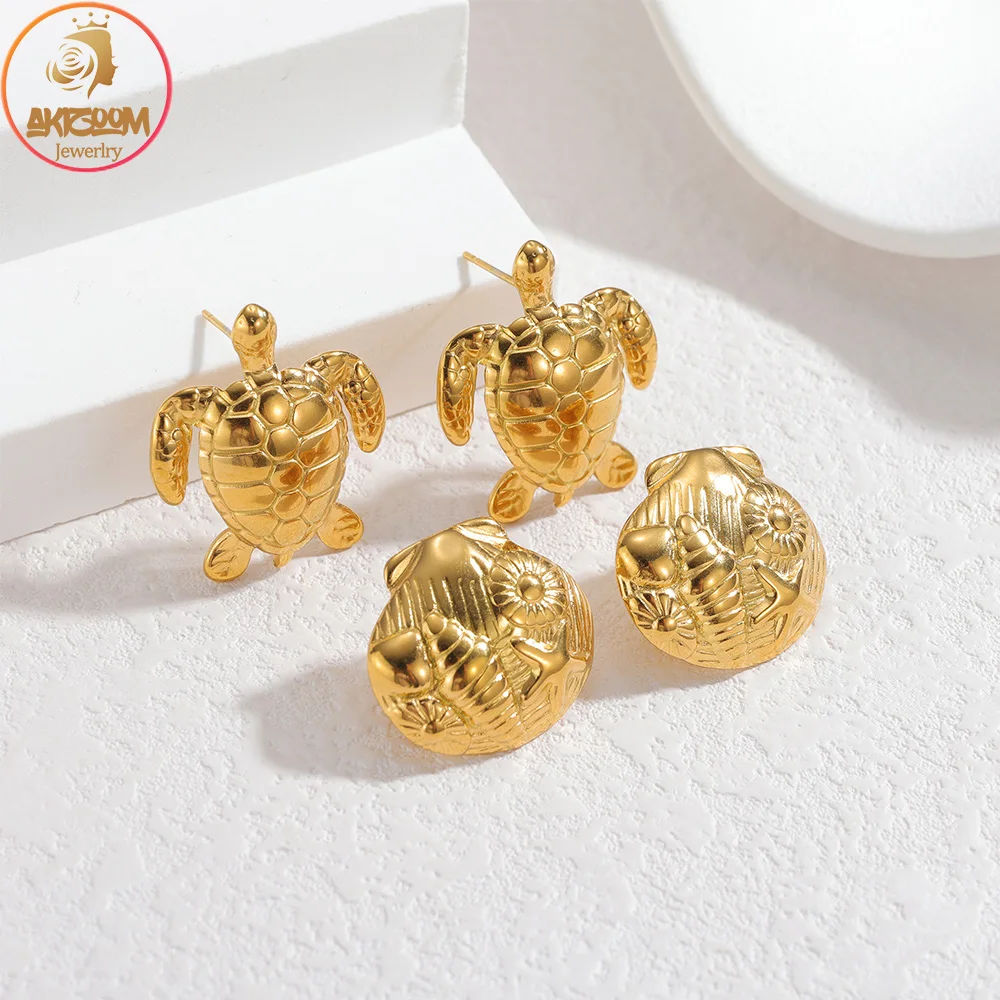 Akizoom Hot Sale Gold Color Turtle Shell Stud Earrings Stainless Steel Summer Beach Ear Accessories for Women Girl Birthday Gift