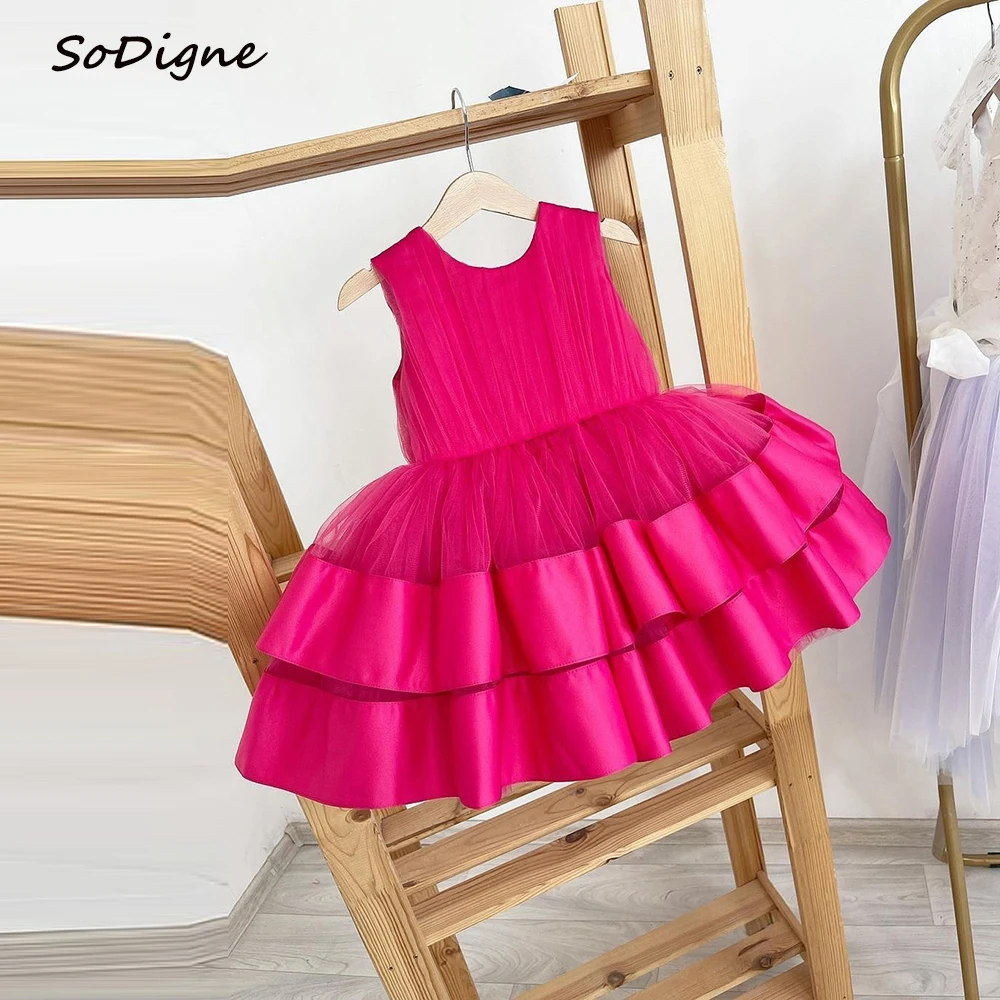 

SoDigne A-line Flower Girl Dress O-neck Sleeveless Tulle/Satin Short Skirt Girls Party Dresses 2025 Kid Gown Customized