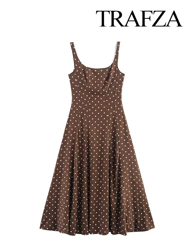 HH Woman Summer Fashion Brown Dots Square Collar Backless Zipper Long Dress Female Chic High Street Casual Sleeveless Dress