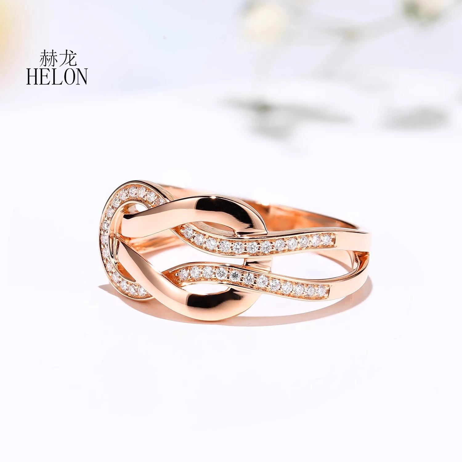 HELON High Quality Solid 14k Rose Gold Trendy Simple Natural Real Diamond Ring Women Genuine Jewelry Pave Setting Handcrafted