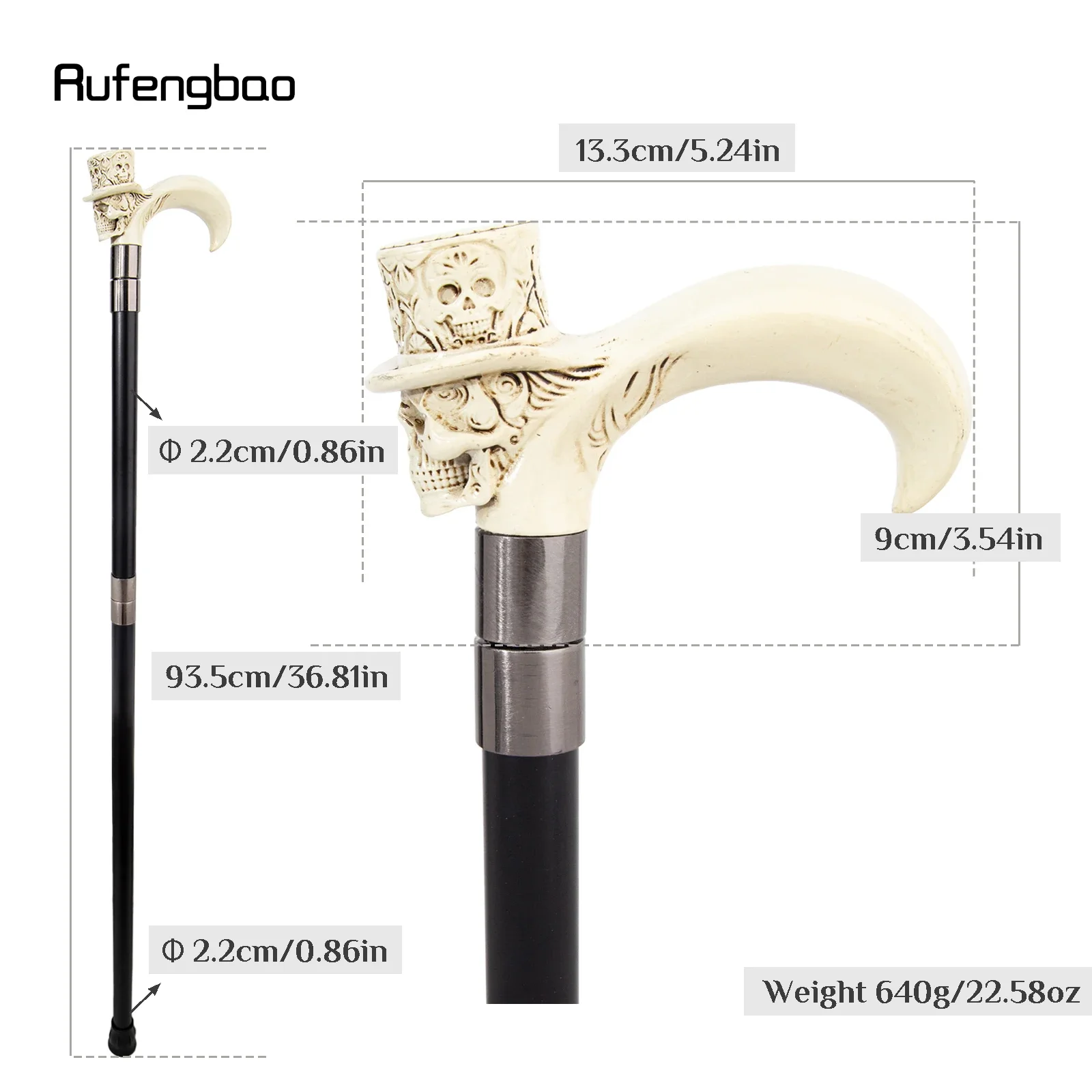 White Hat Skull Head Long Handle Walking Cane Fashion Cane Decorative Cane Halloween for Cosplay Parties Walking Stick 93cm view 2