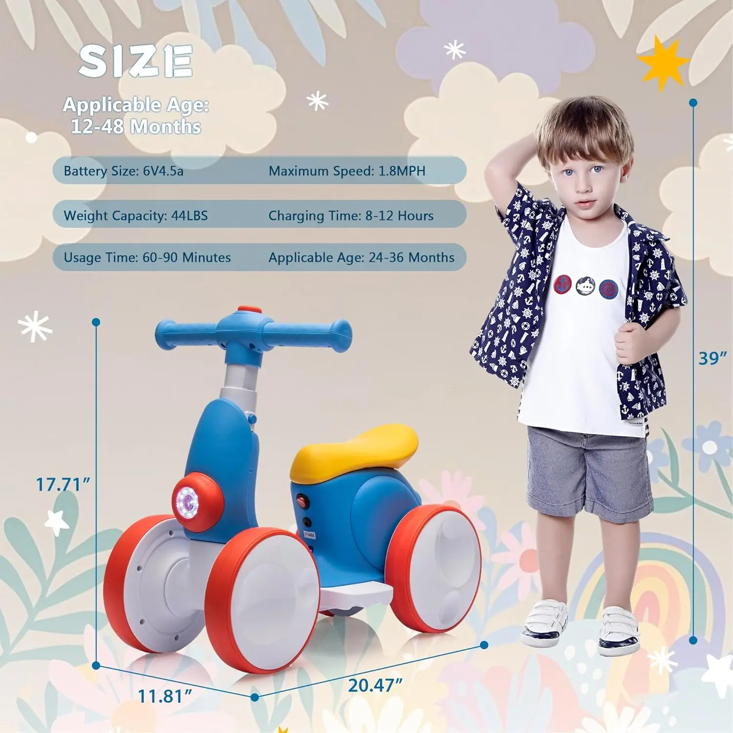 6V Electric Baby Balance Bike for 1 Year Old Boys Girls Ride on Toys 12-24 Month Toddler Balance Bike, 4 Wheels Kids First Bike