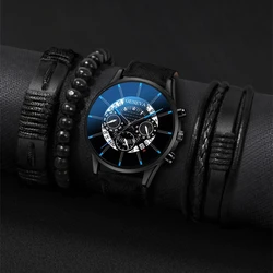 4PCs/Set Men's Leather Strap Calendar Quartz Watch