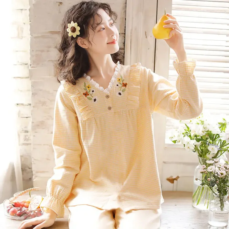 Plaid Pajama Sets Women Sweet Flower Embroidery Tender Prairie Chic Aesthetic Princess Home Casual Sleepwear All-match Ulzzang