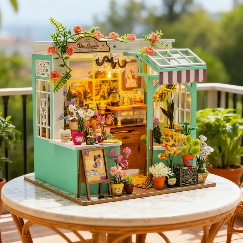 

OUZEY Princess Garden Miniature Wooden Model Kits with LED Lights Dollhouse Furniture DIY Mini Casa Friends Birthday Gifts