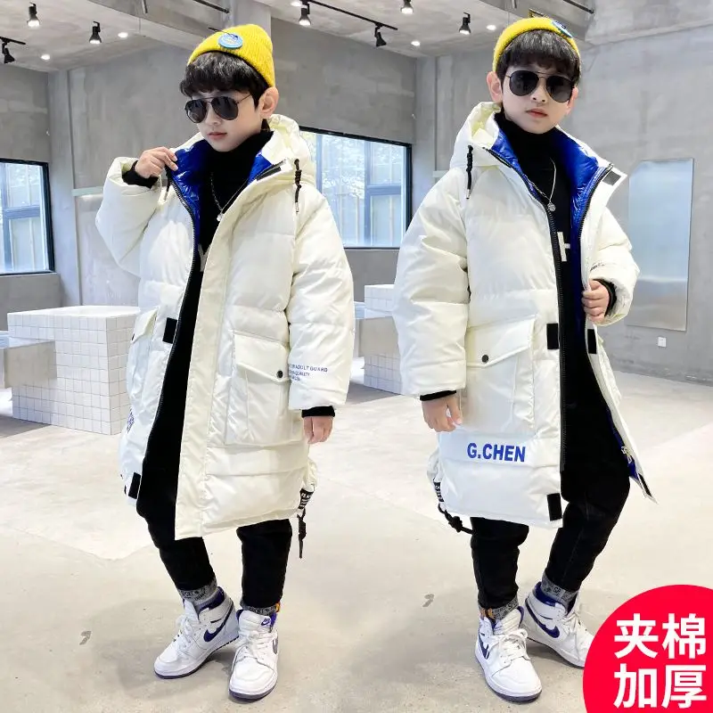 

Children's Clothing Winter Boys' Cotton Jacket Thickened Plush Warm Hooded Zipper Letter Print Long Version 5-14 Years Old 2023