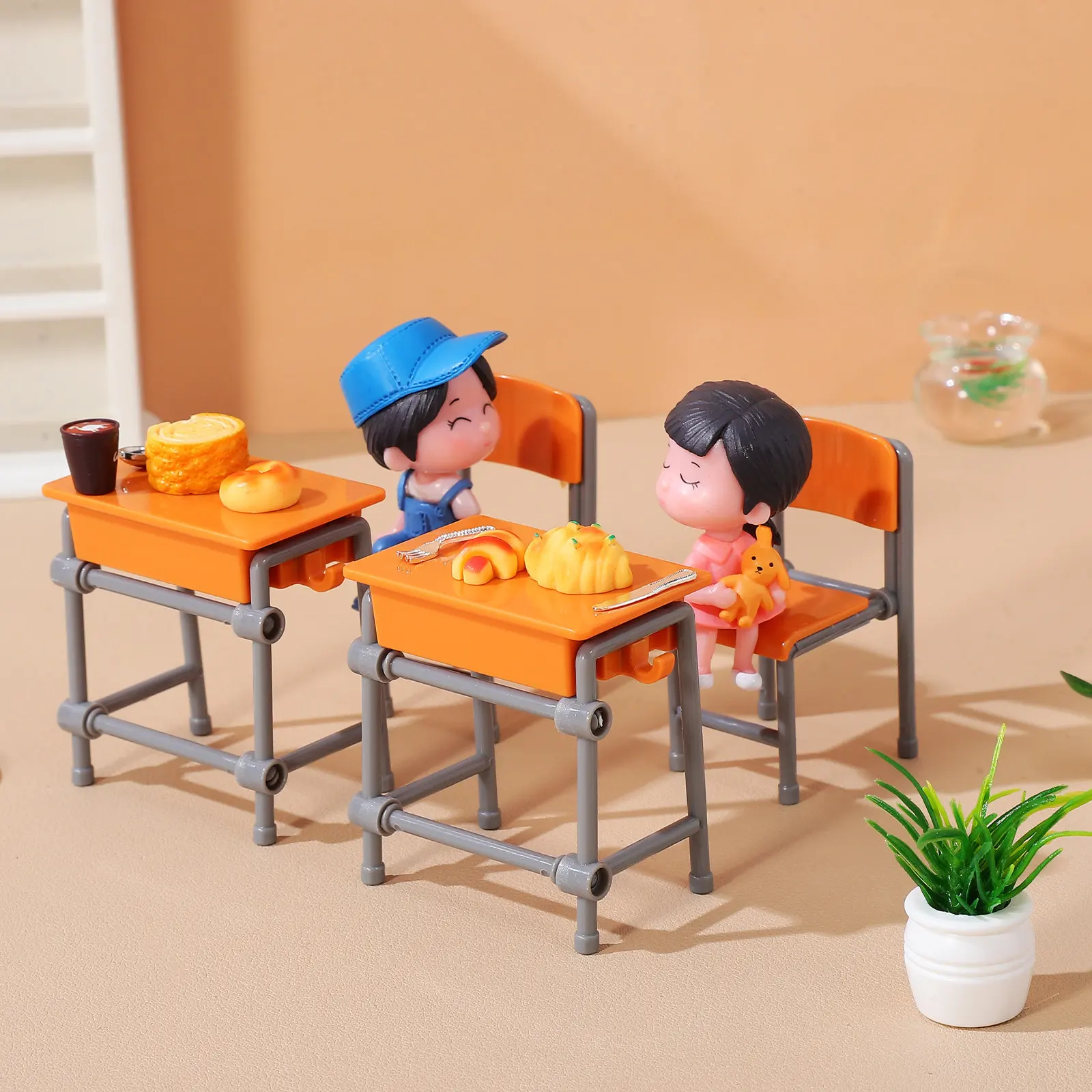 4 set 4 Sets Miniature School Desk Chair Dollhouse Furniture Set Mini Chair Decoration Tiny Accessories Sturdy Plastic Material