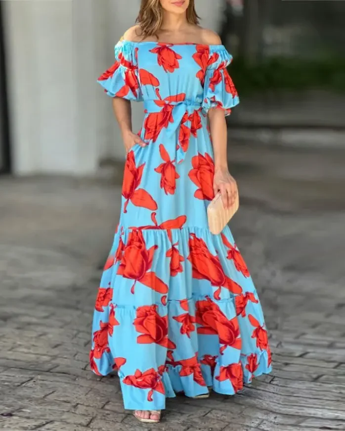 Abiti lunghi con stampa floreale Abito da donna con volant con spalle scoperte Abito ampio a vita alta da sposa Elegante estate Sexy Party Boho Vestidos