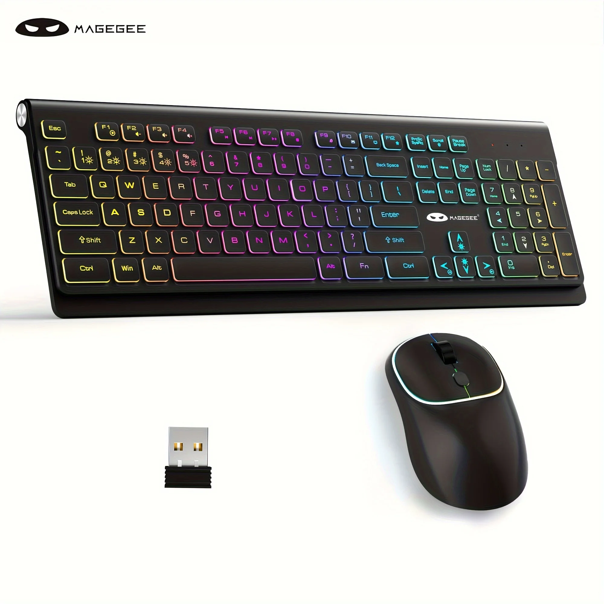 MageGee V650S Wireless Keyboard Mouse Combo, 2.4G Full Size RGB Backlit Silent Ultra-Thin Gaming Keyboard and Mouse Set with Num