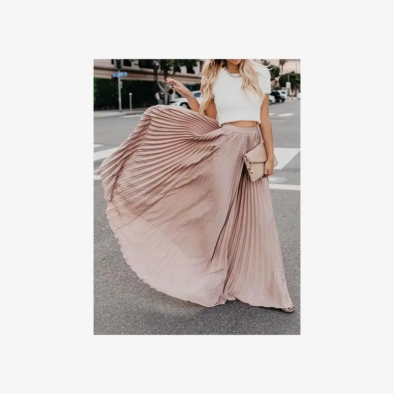 

209 New Faionable Midi Skirt Women's Pleated Skirt Street Sle Polyester Fiber A-Line Silhouette Pure Color Long Skirt